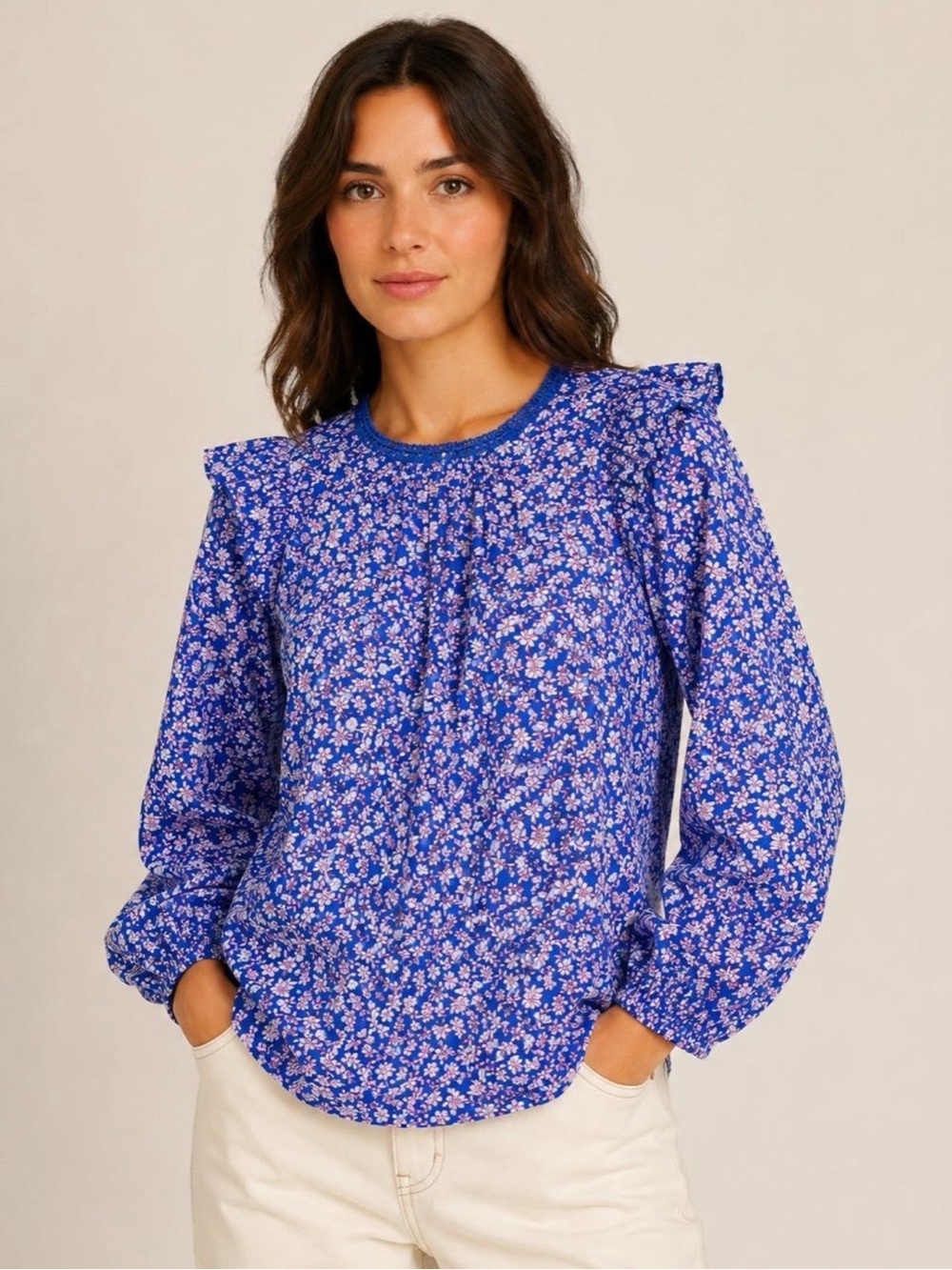 J. Crew Cobalt Blue Floral Ruffle-Trim Blouse size XL